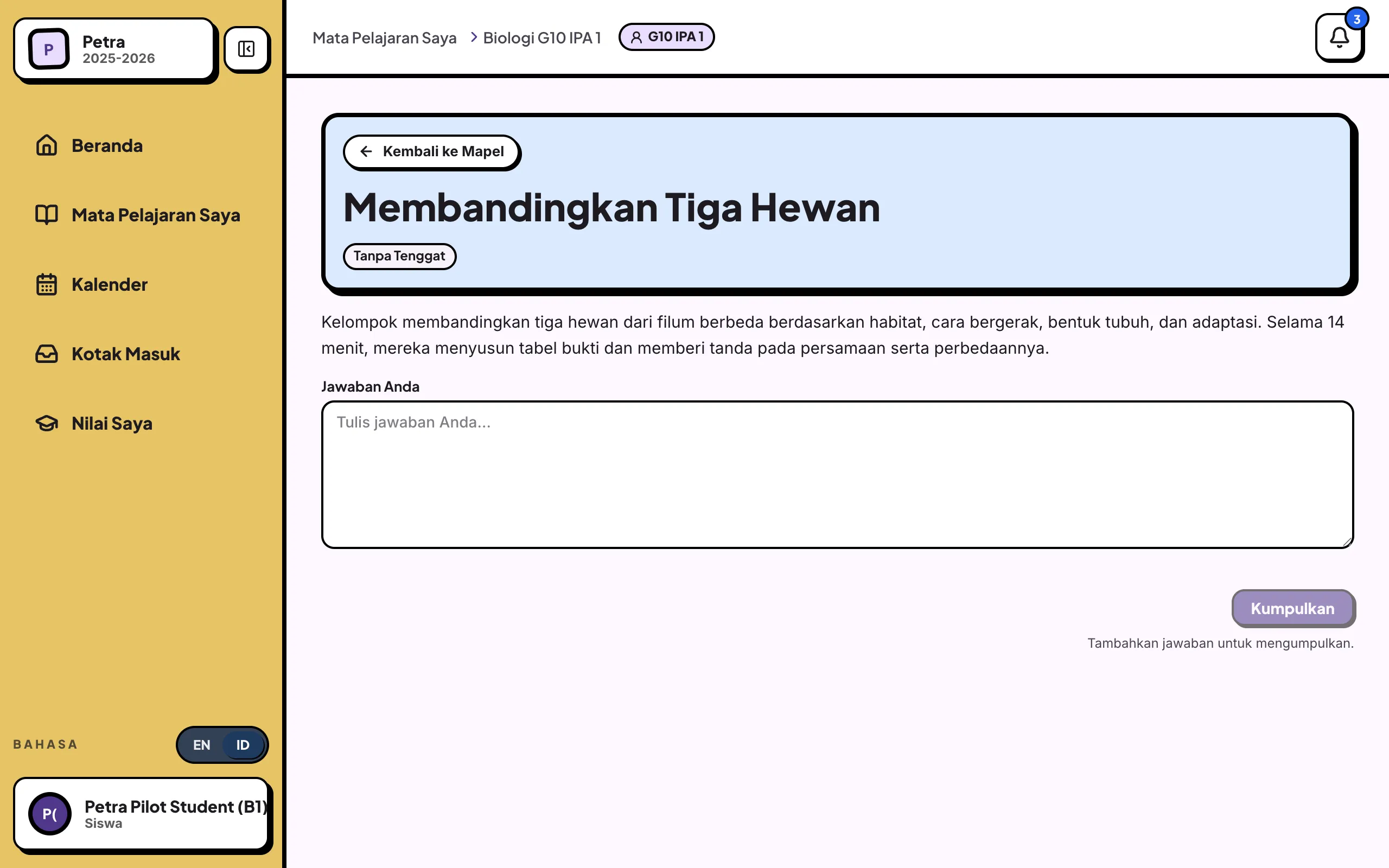 Halaman tugas dengan tombol Kumpulkan yang masih abu-abu dan petunjuk di bawahnya