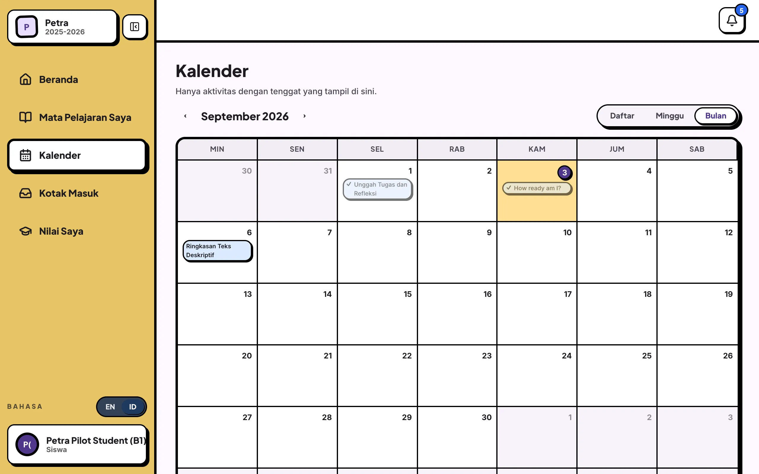Kalender siswa tampilan Bulan: September 2026 dengan dua tugas bertanggal dan hari ini ditandai