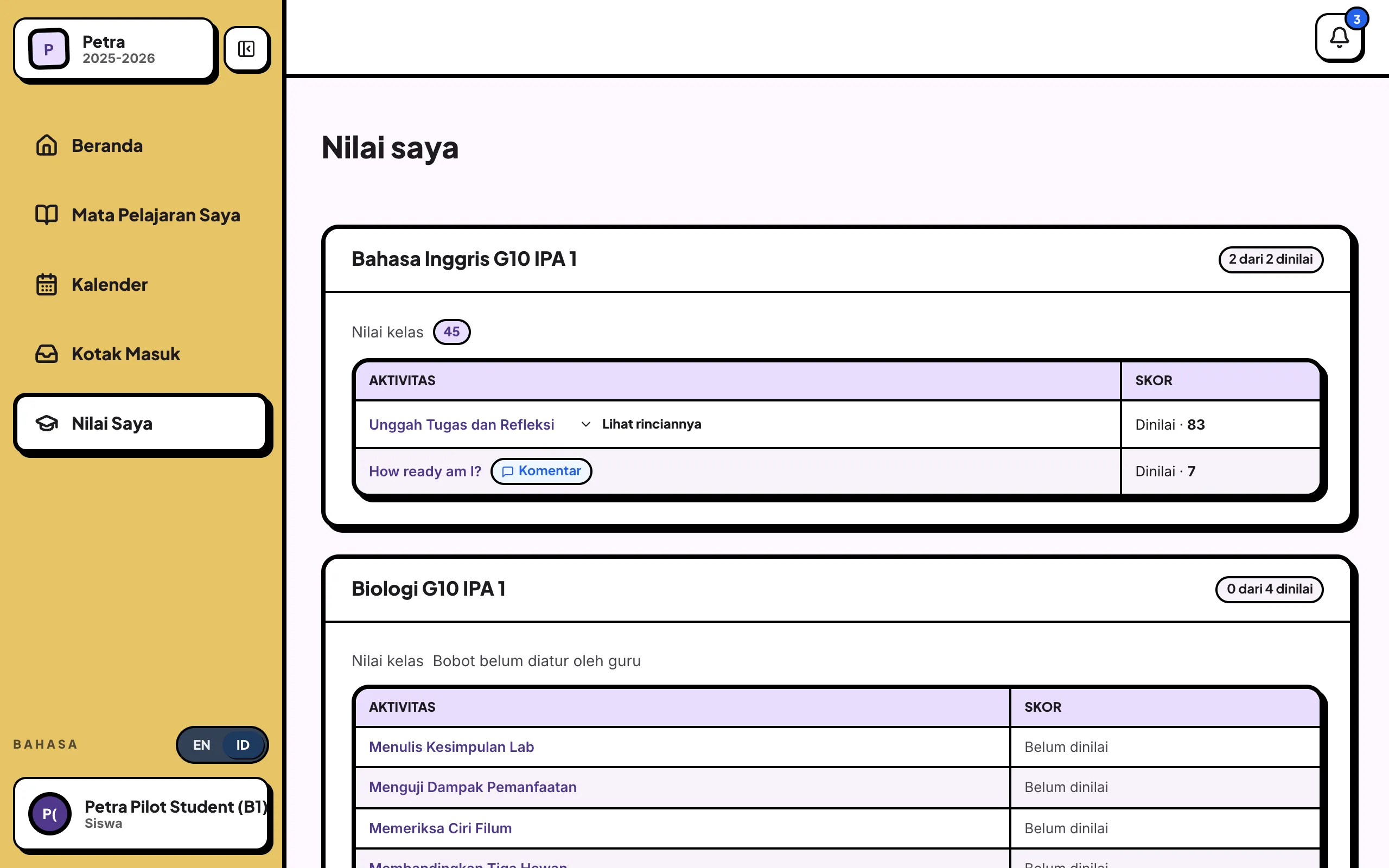 Halaman Nilai Saya dengan baris Nilai kelas dan daftar aktivitas