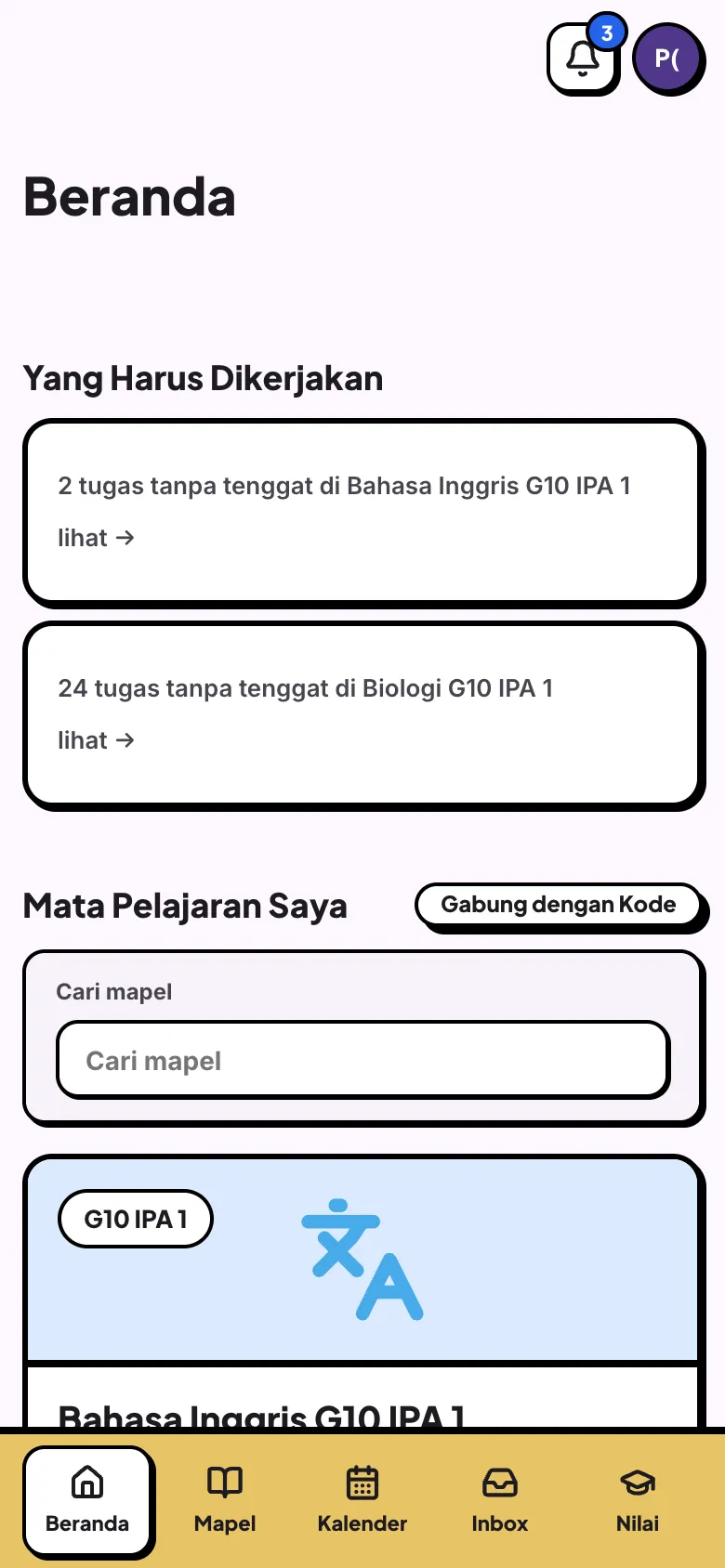 Beranda siswa di ponsel dengan bilah navigasi bawah