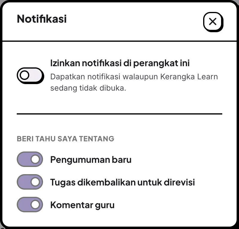 Sakelar izinkan notifikasi dan pilihan jenis