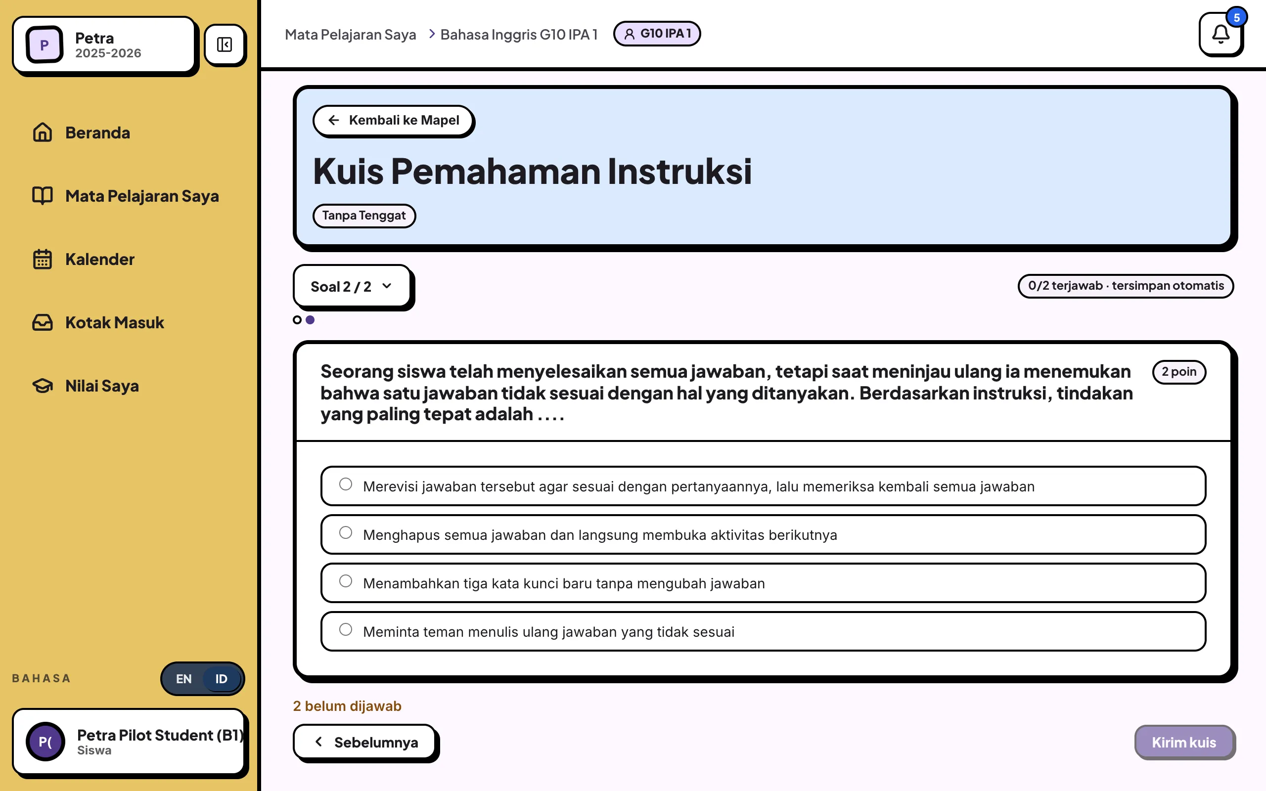 Soal terakhir kuis dengan tombol Kirim kuis