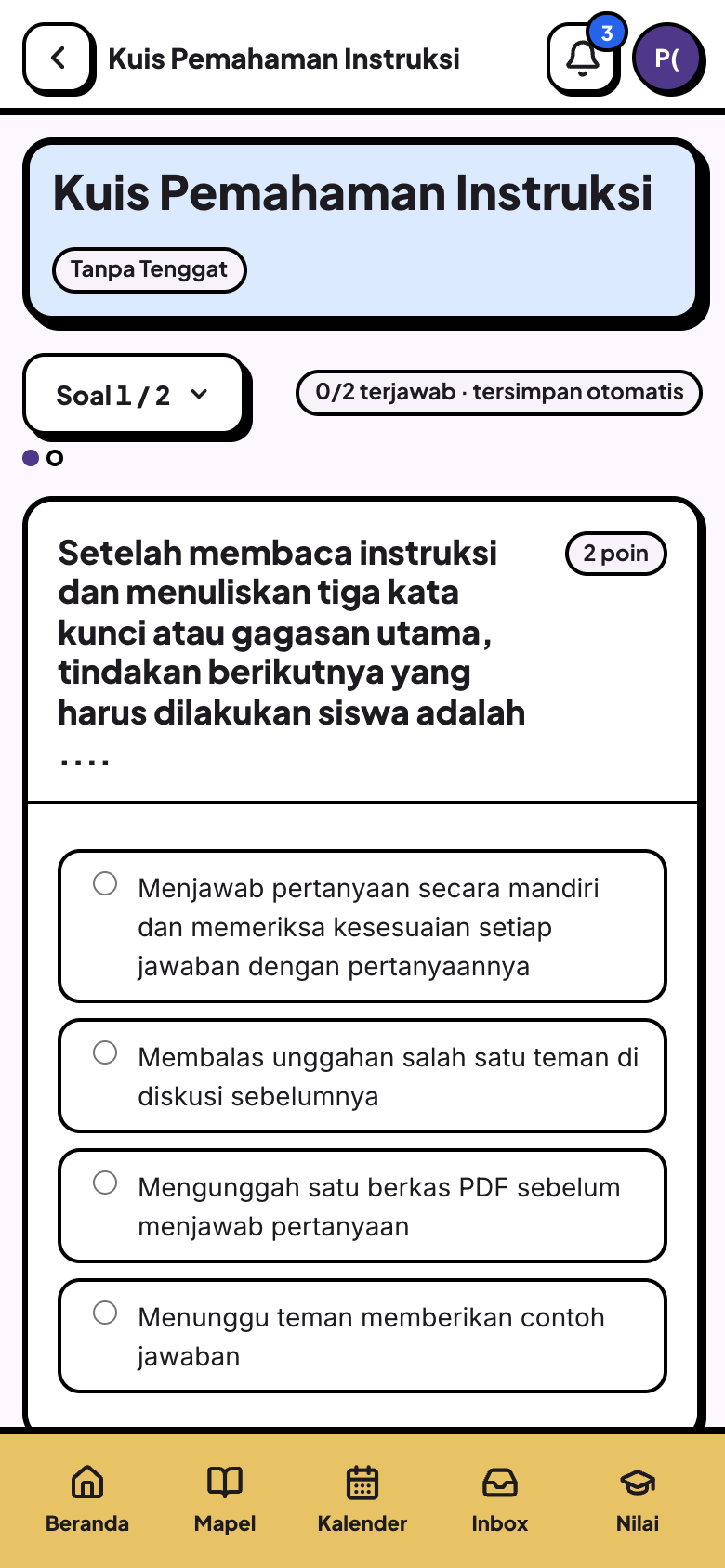 Kuis di ponsel: satu soal per layar dengan lencana Soal 1 / 2